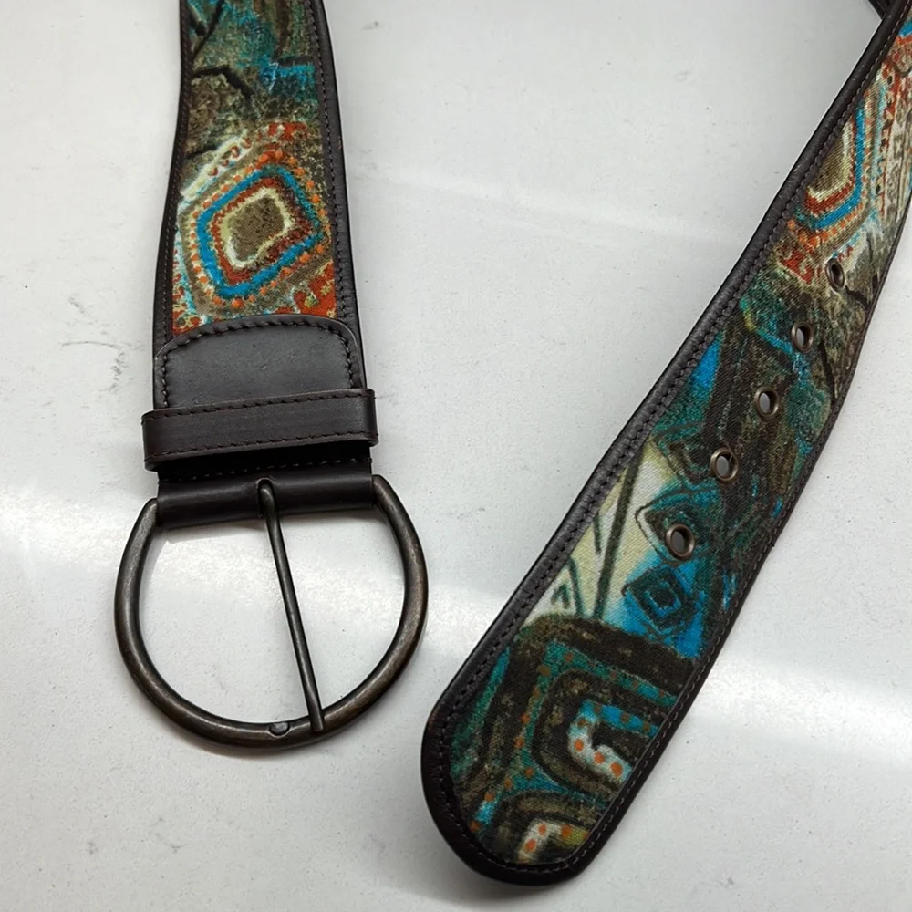 Chicos Faux Leather Trim Fabric Front Belt Round Buckle Teal Abstract Print Sz S